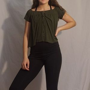 Olive green off-the-shoulder tied shirt